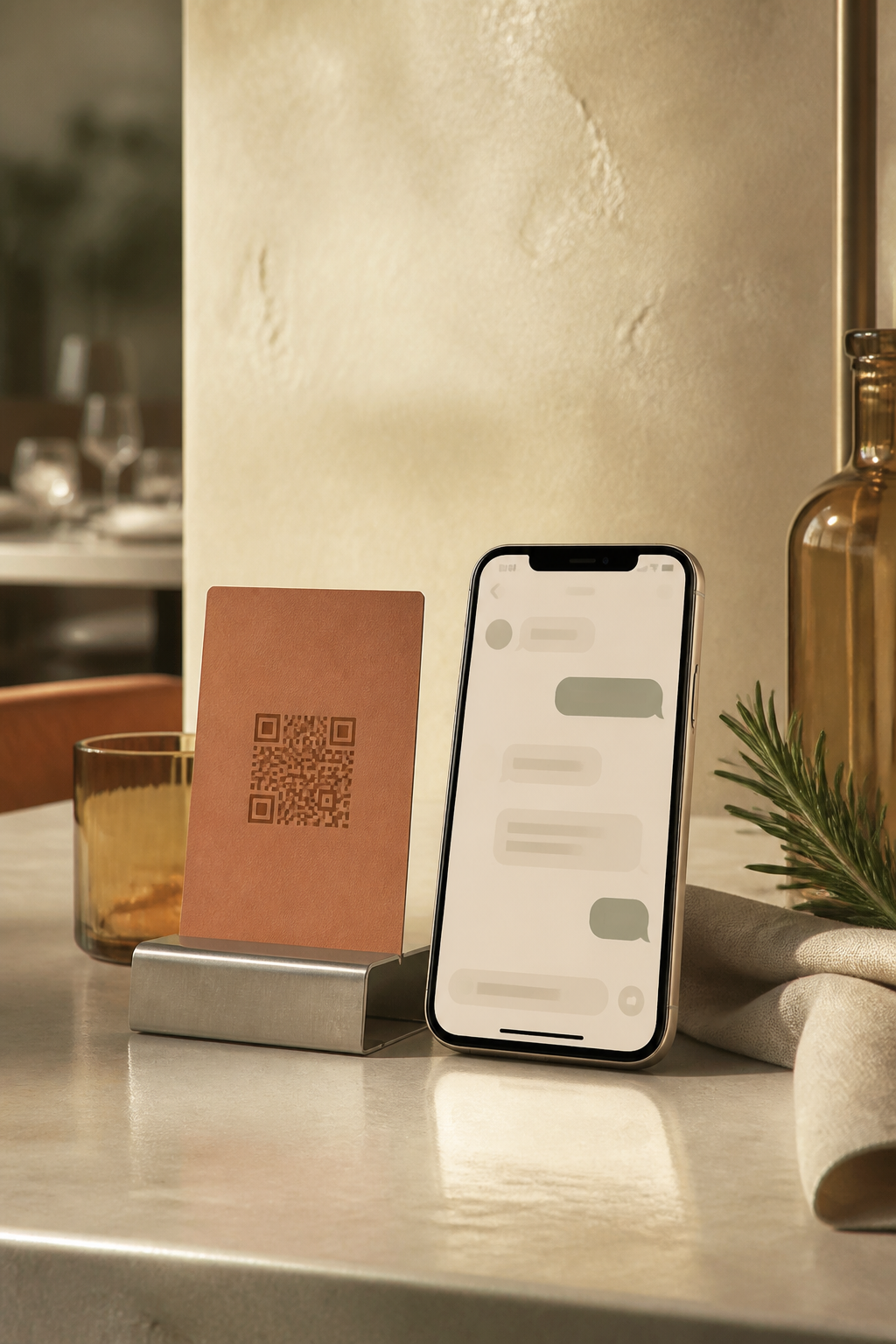 A QR menu card and phone on a restaurant table